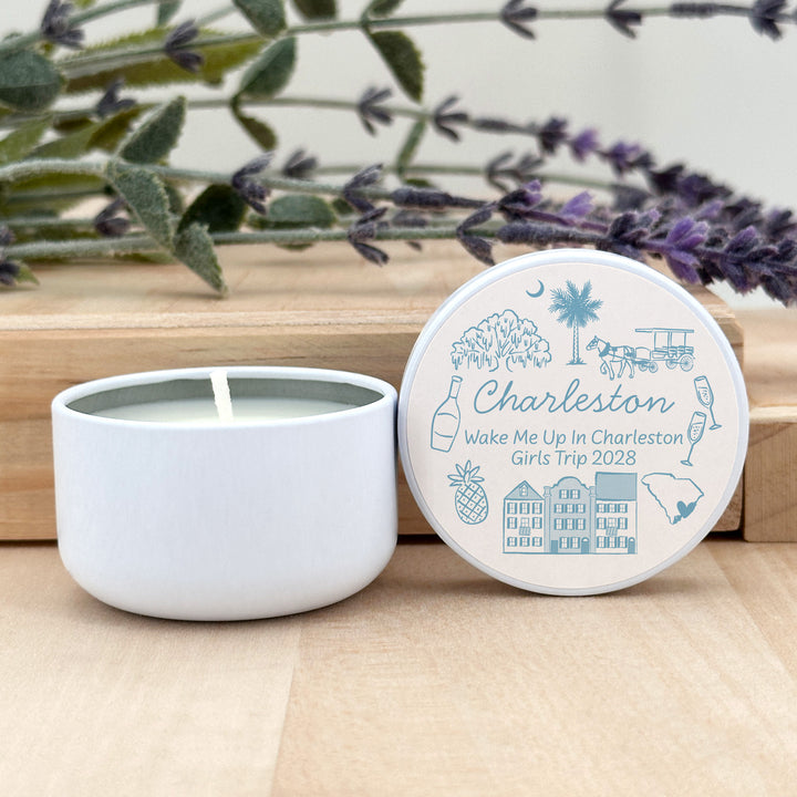 Custom Candle Wedding Favors, Girls Trip, Hand Drawn Charleston Bachelorette, 2oz Mini Lavender Candles
