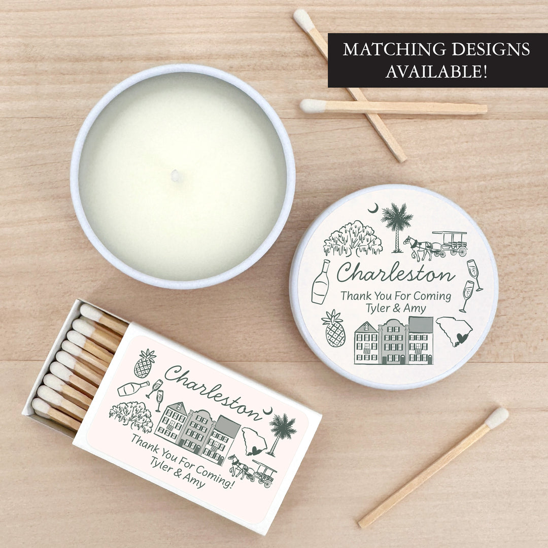 Custom Candle Wedding Favors, Girls Trip, Hand Drawn Charleston Bachelorette, 2oz Mini Lavender Candles