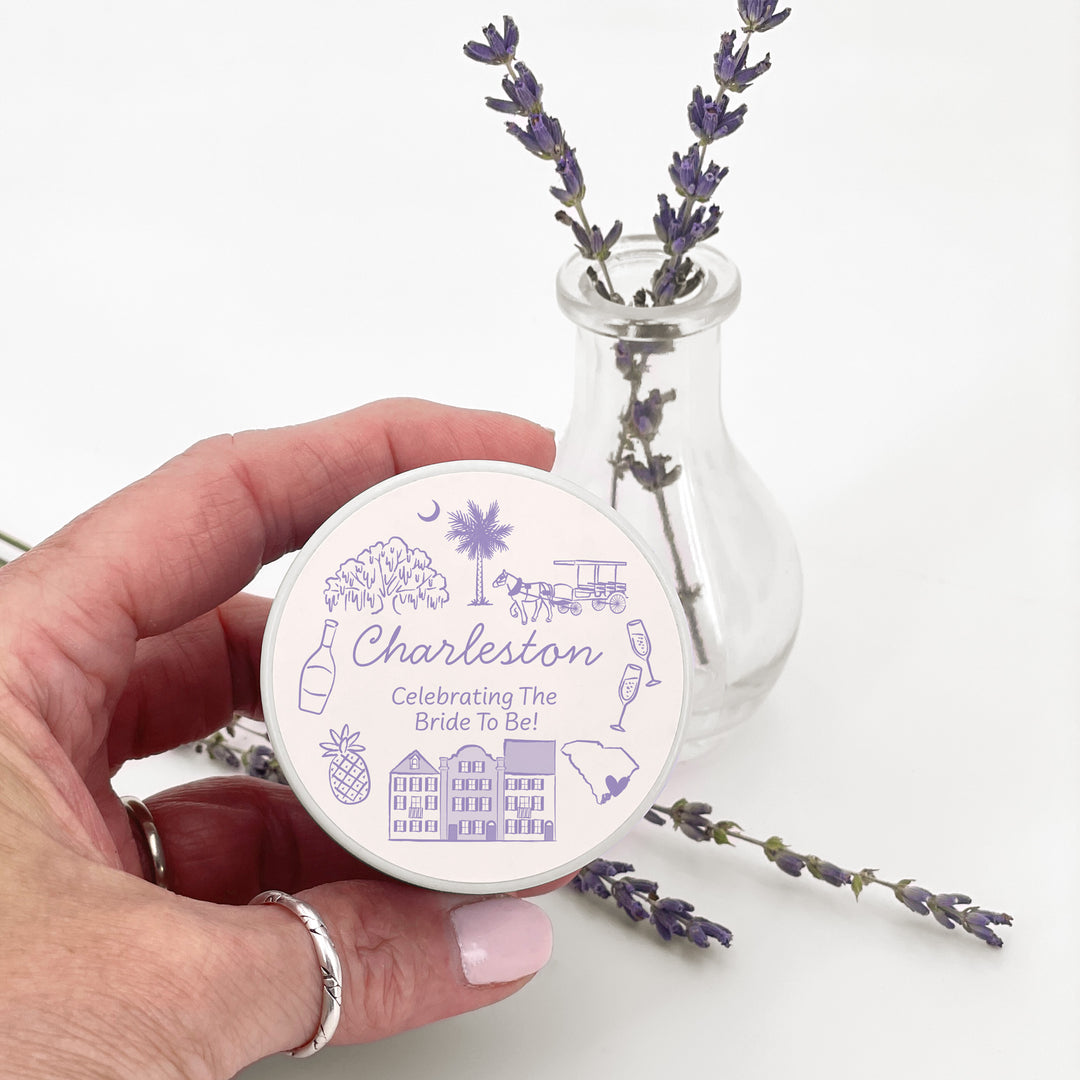 Custom Candle Wedding Favors, Girls Trip, Hand Drawn Charleston Bachelorette, 2oz Mini Lavender Candles