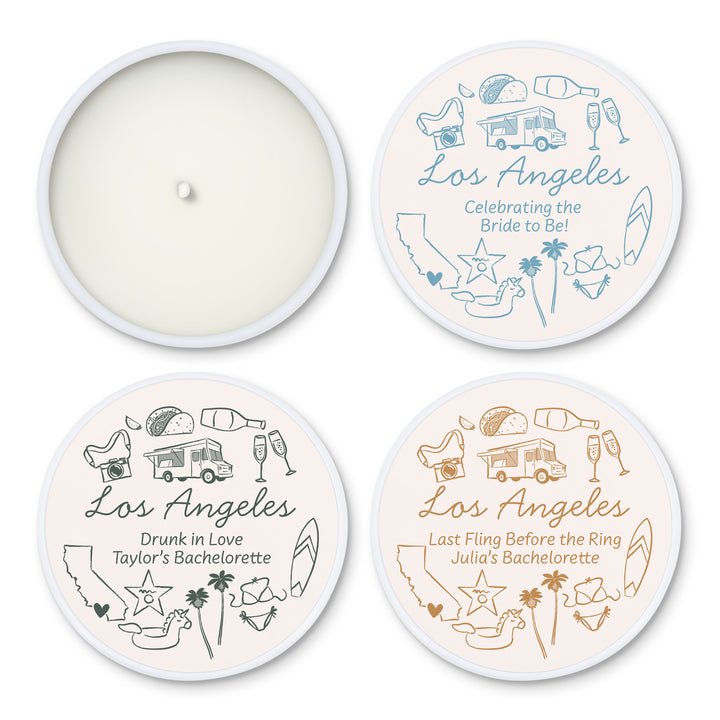 Custom Candle Wedding Favors, Girls Trip, Hand Drawn Los Angeles Bachelorette, 2oz Mini Lavender Candles