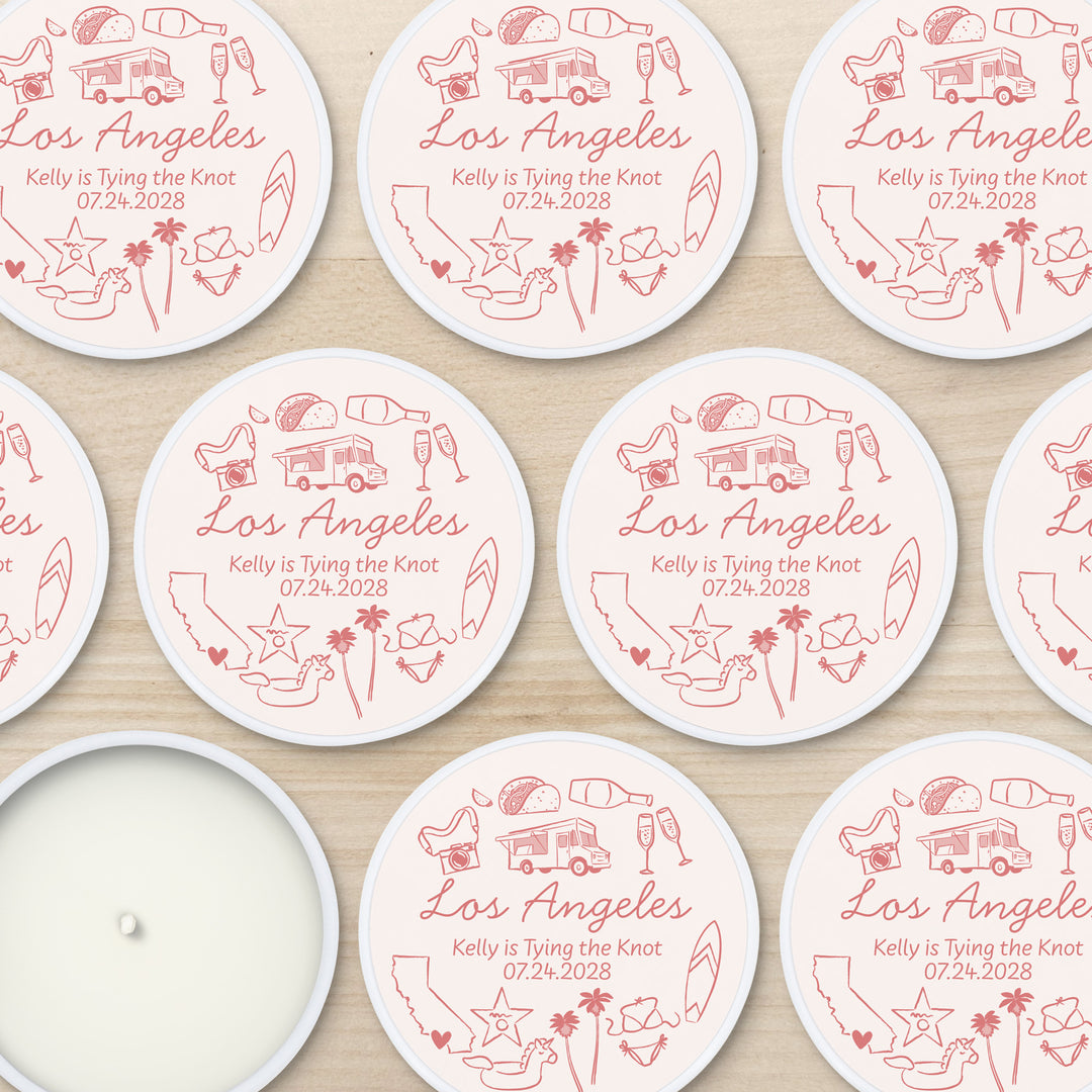 Custom Candle Wedding Favors, Girls Trip, Hand Drawn Los Angeles Bachelorette, 2oz Mini Lavender Candles