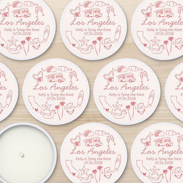 Custom Candle Wedding Favors, Girls Trip, Hand Drawn Los Angeles Bachelorette, 2oz Mini Lavender Candles