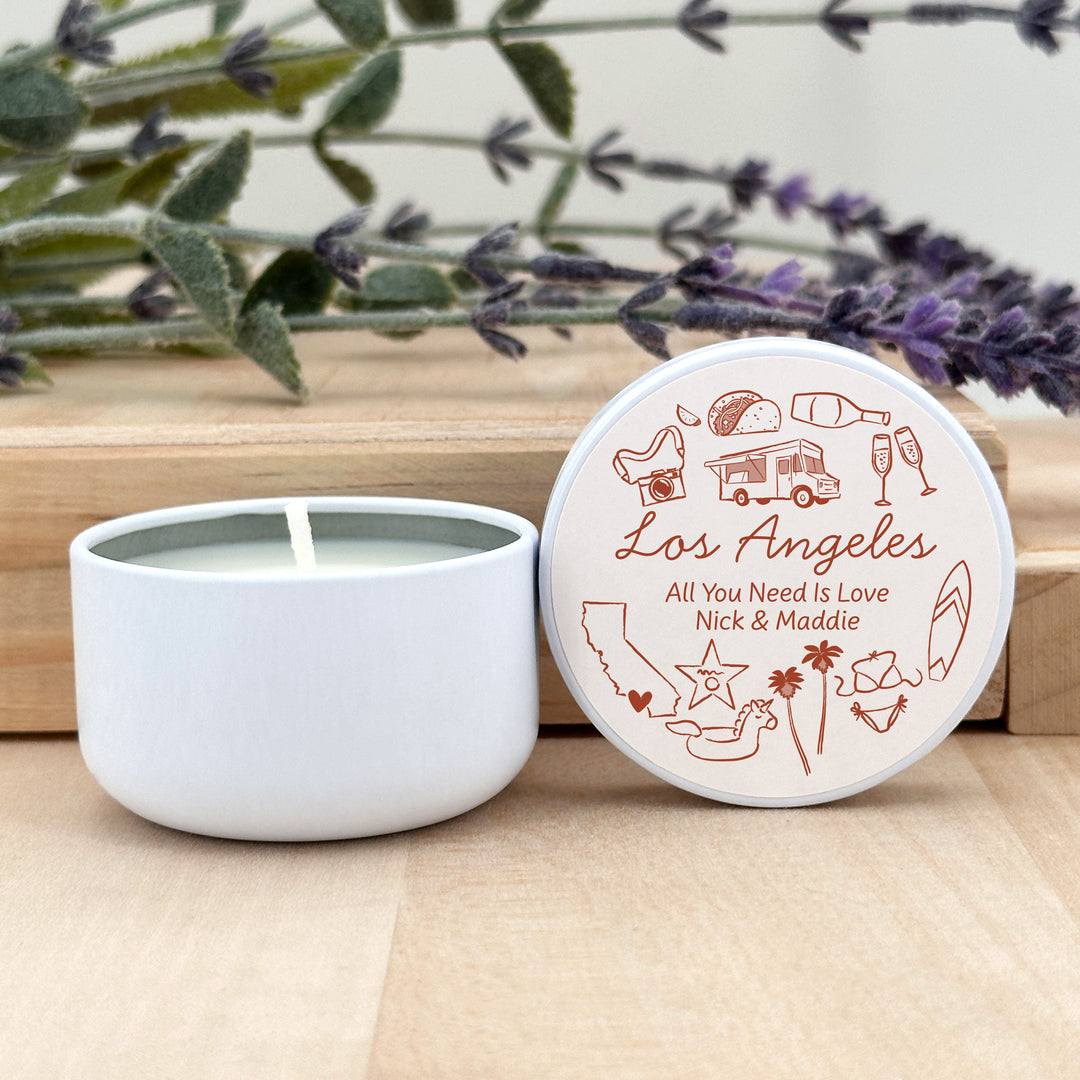 Custom Candle Wedding Favors, Girls Trip, Hand Drawn Los Angeles Bachelorette, 2oz Mini Lavender Candles