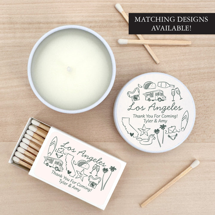 Custom Candle Wedding Favors, Girls Trip, Hand Drawn Los Angeles Bachelorette, 2oz Mini Lavender Candles