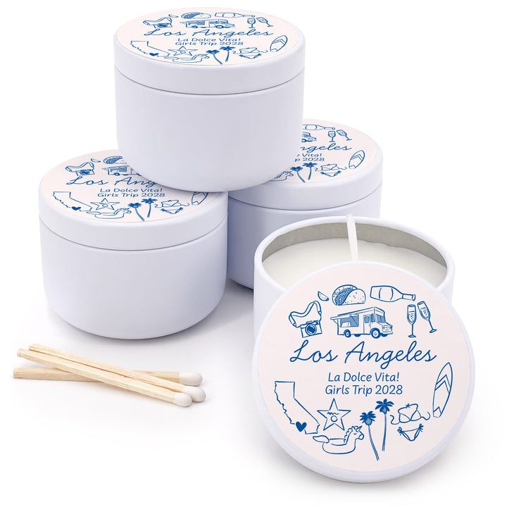 Custom Candle Wedding Favors, Girls Trip, Hand Drawn Los Angeles Bachelorette, 2oz Mini Lavender Candles
