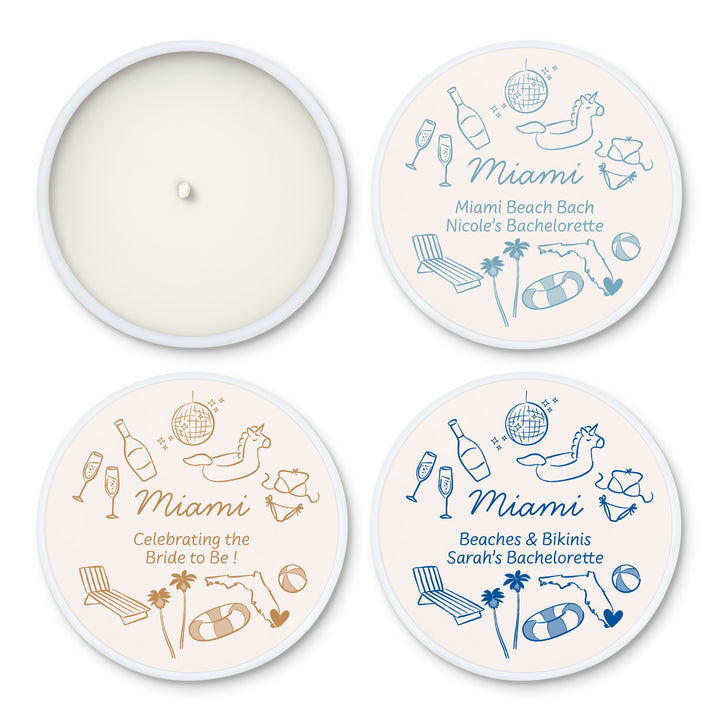 Custom Candle Wedding Favors, Girls Trip, Hand Drawn Miami Bachelorette, 2oz Mini Lavender Candles