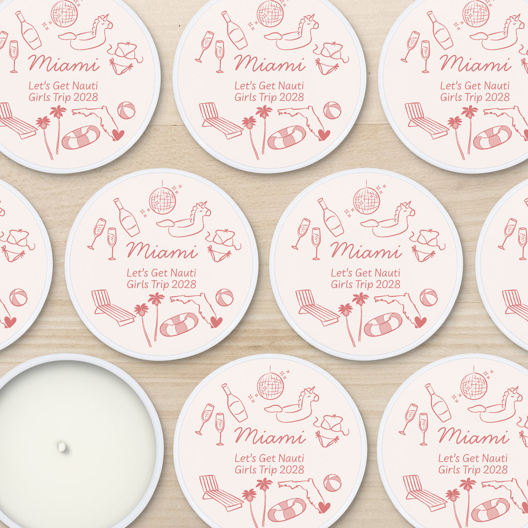 Custom Candle Wedding Favors, Girls Trip, Hand Drawn Miami Bachelorette, 2oz Mini Lavender Candles