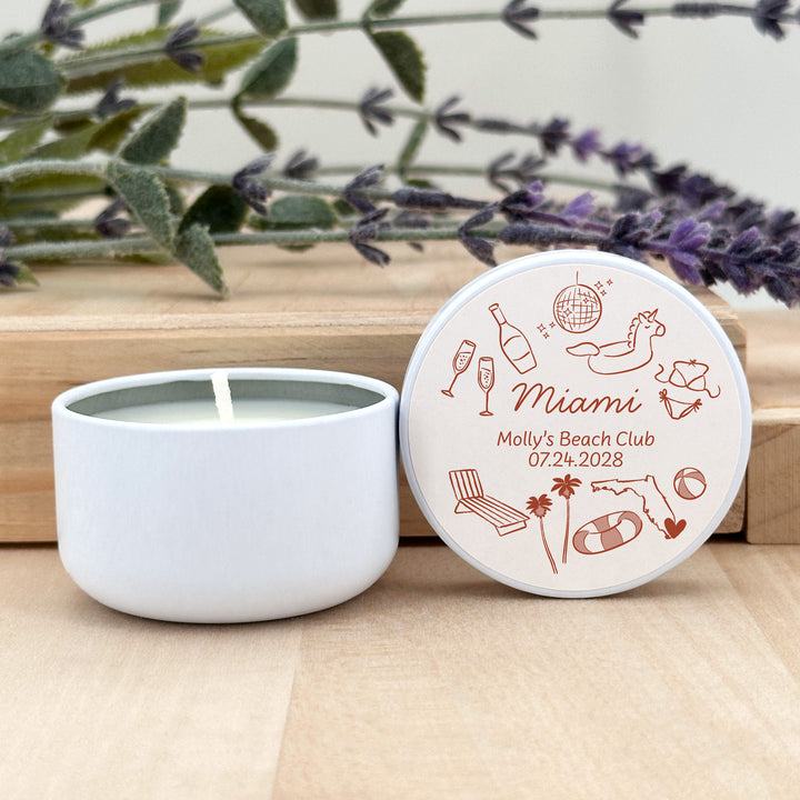 Custom Candle Wedding Favors, Girls Trip, Hand Drawn Miami Bachelorette, 2oz Mini Lavender Candles