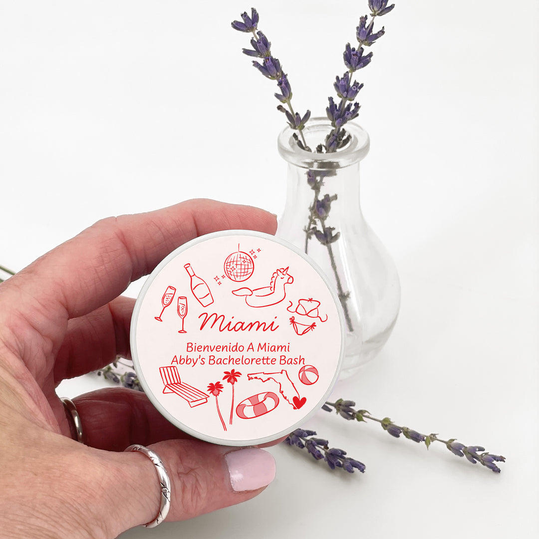 Custom Candle Wedding Favors, Girls Trip, Hand Drawn Miami Bachelorette, 2oz Mini Lavender Candles
