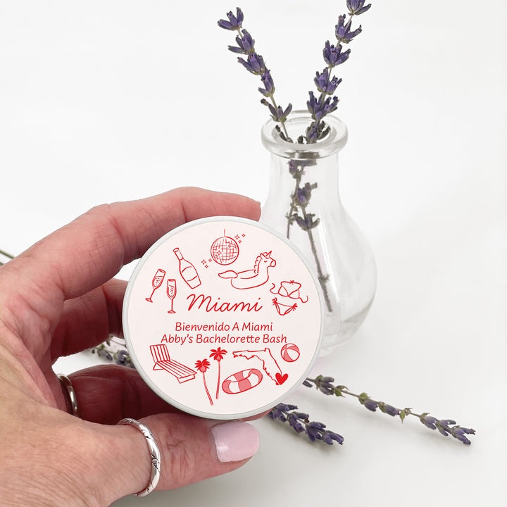 Custom Candle Wedding Favors, Girls Trip, Hand Drawn Miami Bachelorette, 2oz Mini Lavender Candles