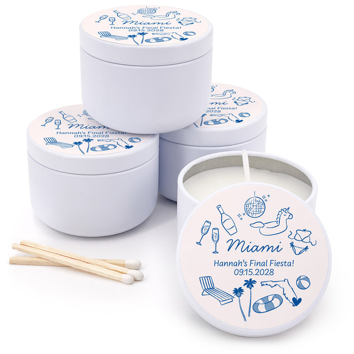 Custom Candle Wedding Favors, Girls Trip, Hand Drawn Miami Bachelorette, 2oz Mini Lavender Candles