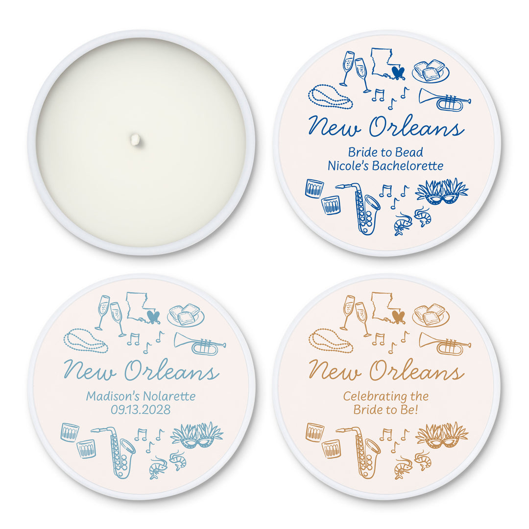Custom Candle Wedding Favors, Girls Trip, Hand Drawn New Orleans Bachelorette, 2oz Mini Lavender Candles