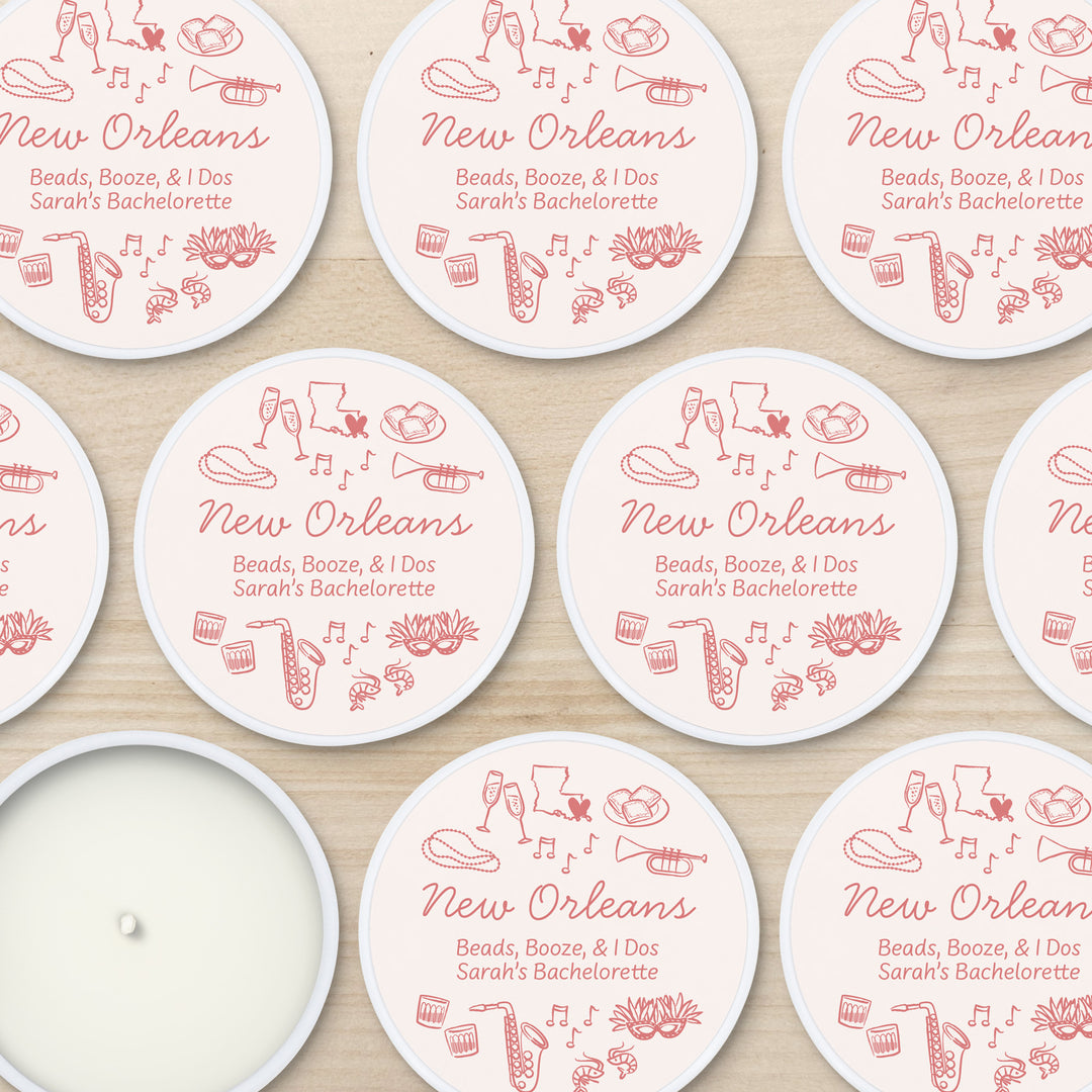 Custom Candle Wedding Favors, Girls Trip, Hand Drawn New Orleans Bachelorette, 2oz Mini Lavender Candles