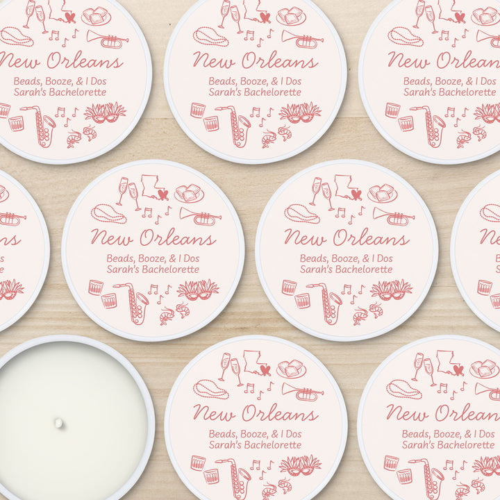 Custom Candle Wedding Favors, Girls Trip, Hand Drawn New Orleans Bachelorette, 2oz Mini Lavender Candles