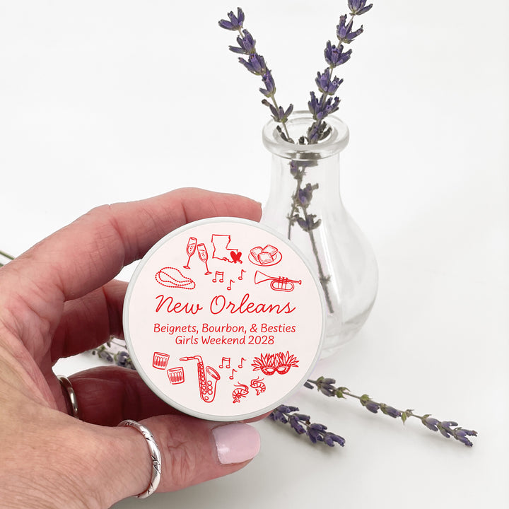 Custom Candle Wedding Favors, Girls Trip, Hand Drawn New Orleans Bachelorette, 2oz Mini Lavender Candles