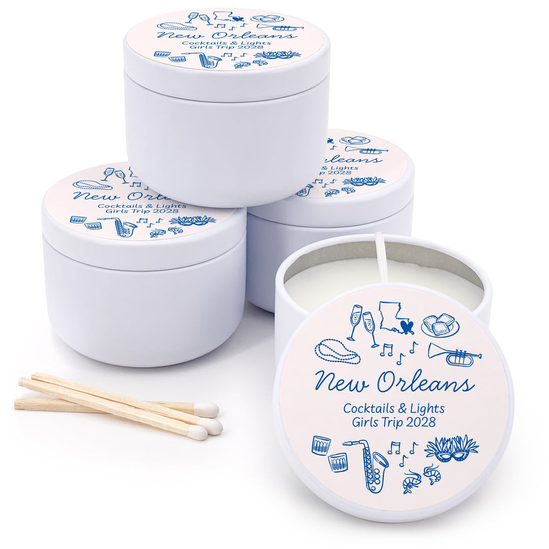 Custom Candle Wedding Favors, Girls Trip, Hand Drawn New Orleans Bachelorette, 2oz Mini Lavender Candles