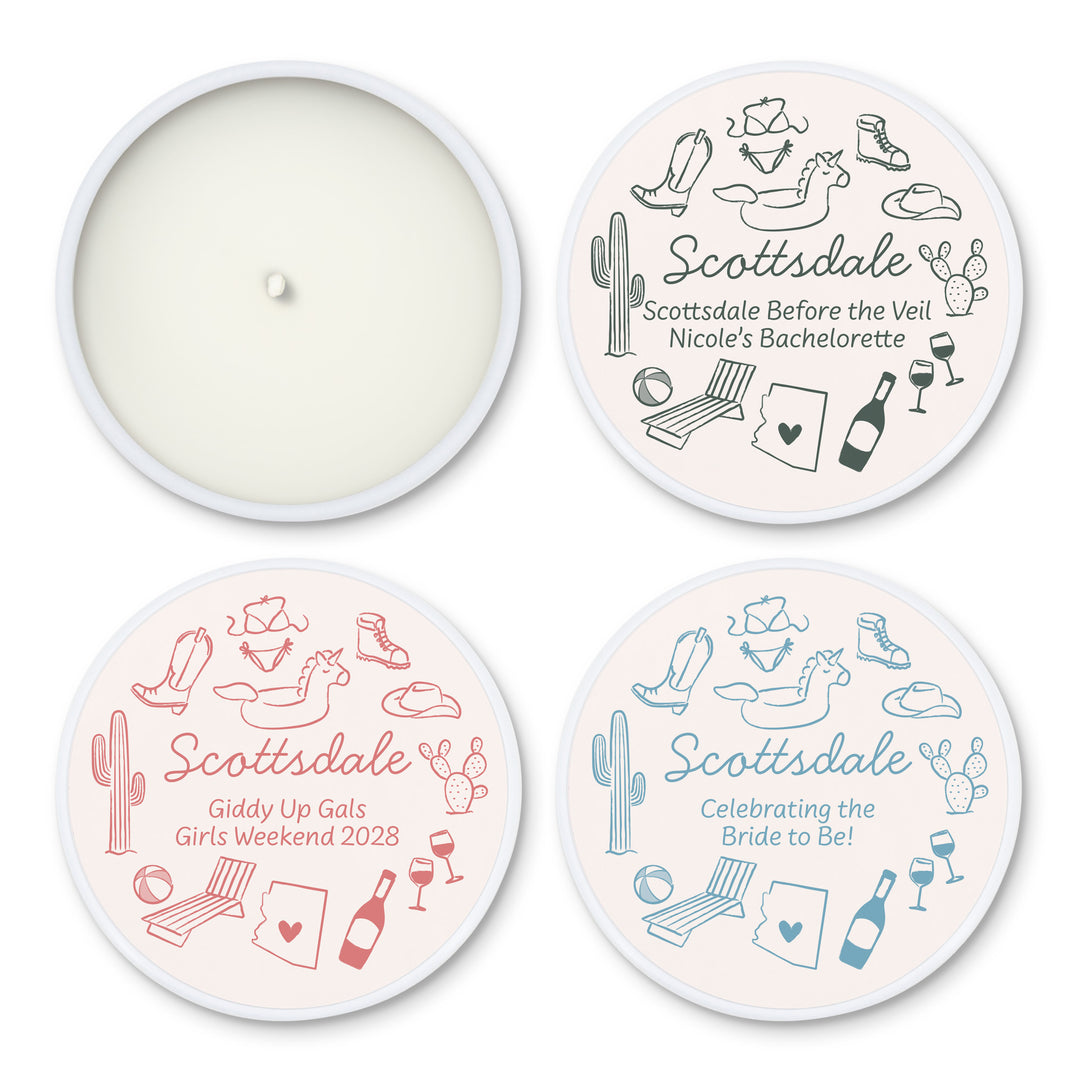 Custom Candle Wedding Favors, Girls Trip, Hand Drawn Scottsdale Bachelorette, 2oz Mini Lavender Candles