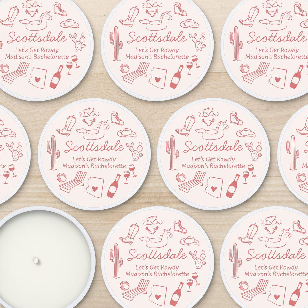 Custom Candle Wedding Favors, Girls Trip, Hand Drawn Scottsdale Bachelorette, 2oz Mini Lavender Candles