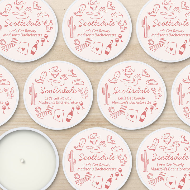 Custom Candle Wedding Favors, Girls Trip, Hand Drawn Scottsdale Bachelorette, 2oz Mini Lavender Candles