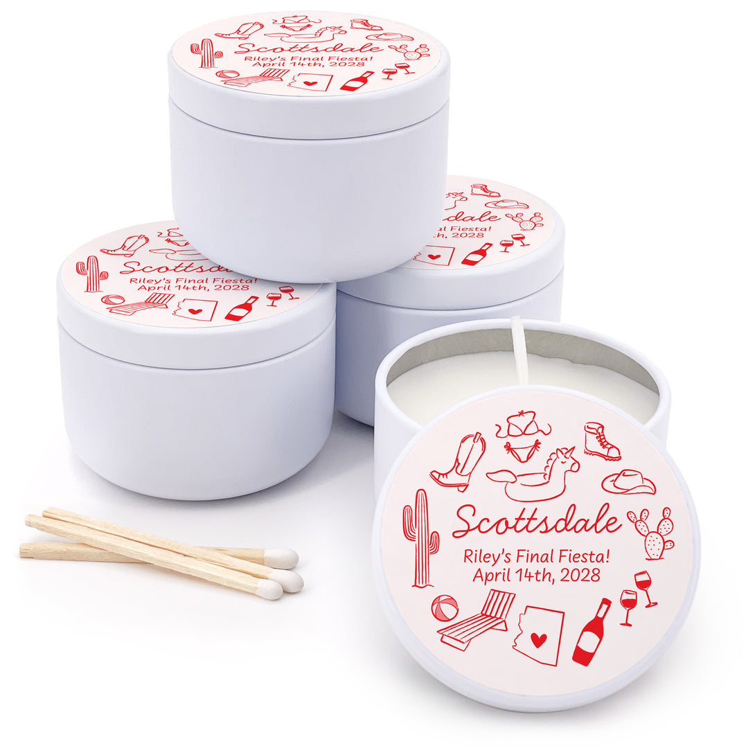 Custom Candle Wedding Favors, Girls Trip, Hand Drawn Scottsdale Bachelorette, 2oz Mini Lavender Candles