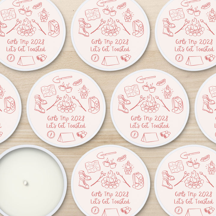 Custom Candle Wedding Favors, Girls Trip, Hand Drawn Camp Bachelorette, 2oz Mini Lavender Candles