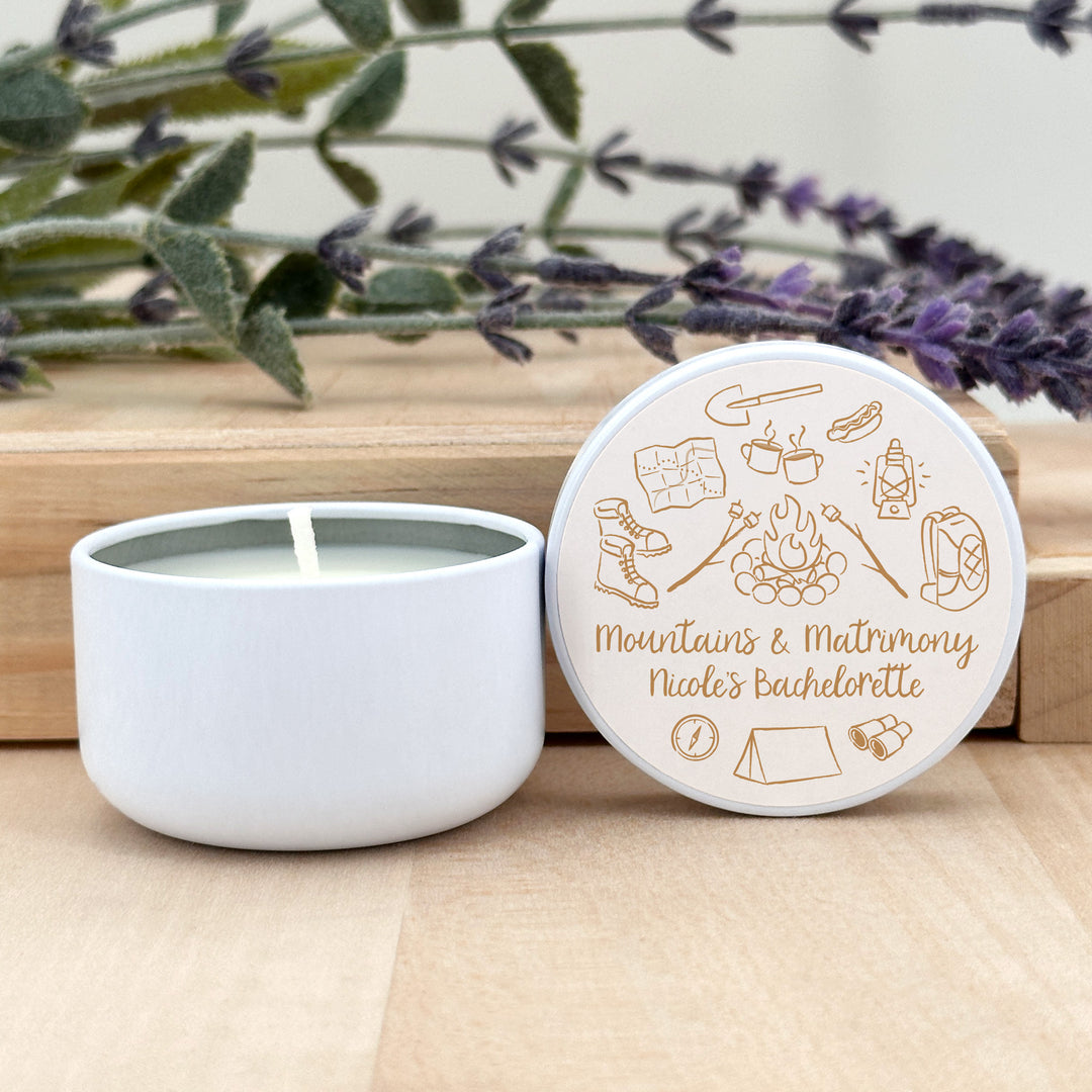 Custom Candle Wedding Favors, Girls Trip, Hand Drawn Camp Bachelorette, 2oz Mini Lavender Candles