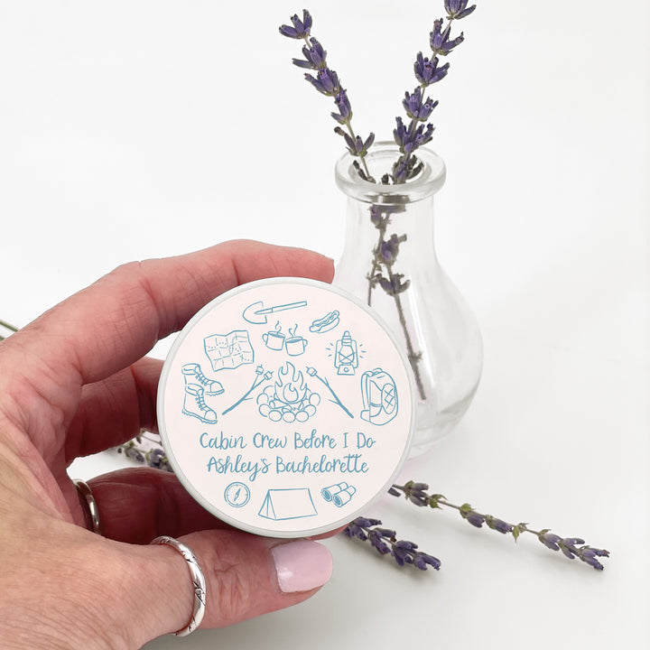 Custom Candle Wedding Favors, Girls Trip, Hand Drawn Camp Bachelorette, 2oz Mini Lavender Candles