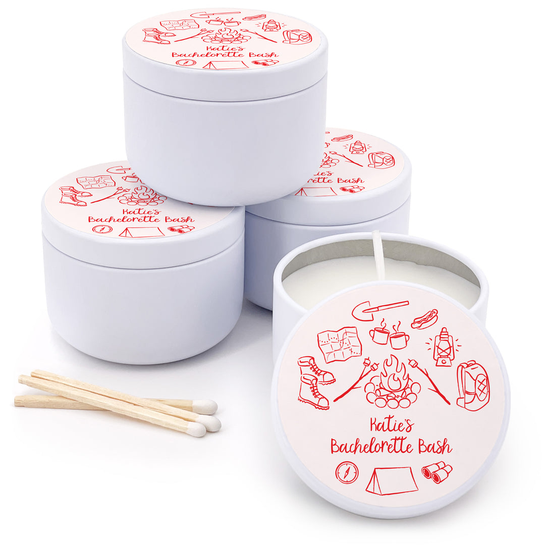 Custom Candle Wedding Favors, Girls Trip, Hand Drawn Camp Bachelorette, 2oz Mini Lavender Candles