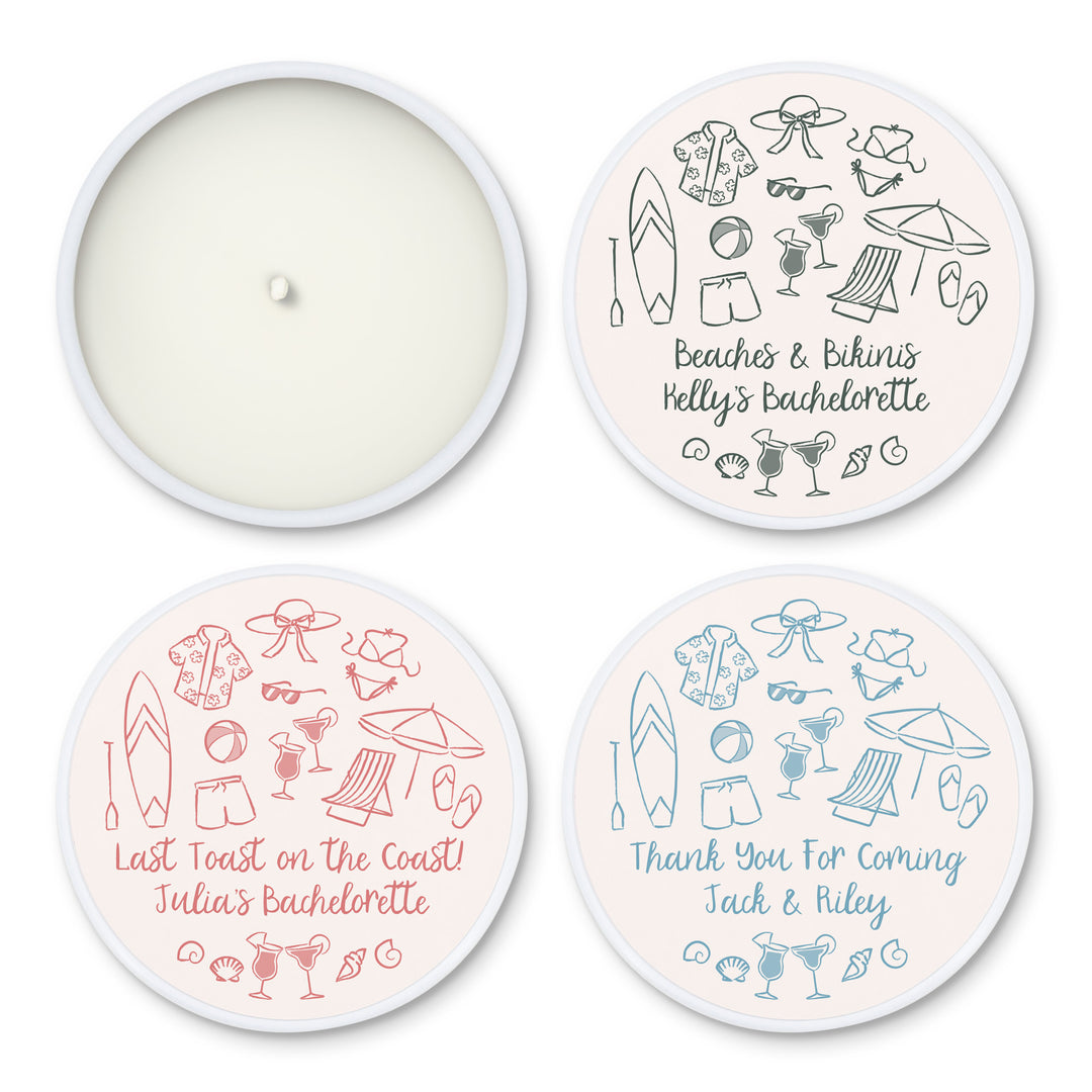 Custom Candle Wedding Favors, Girls Trip, Hand Drawn Beach Bachelorette, 2oz Mini Lavender Candles