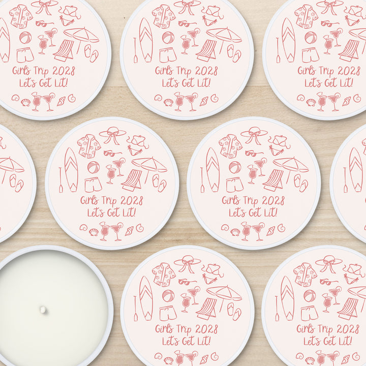 Custom Candle Wedding Favors, Girls Trip, Hand Drawn Beach Bachelorette, 2oz Mini Lavender Candles