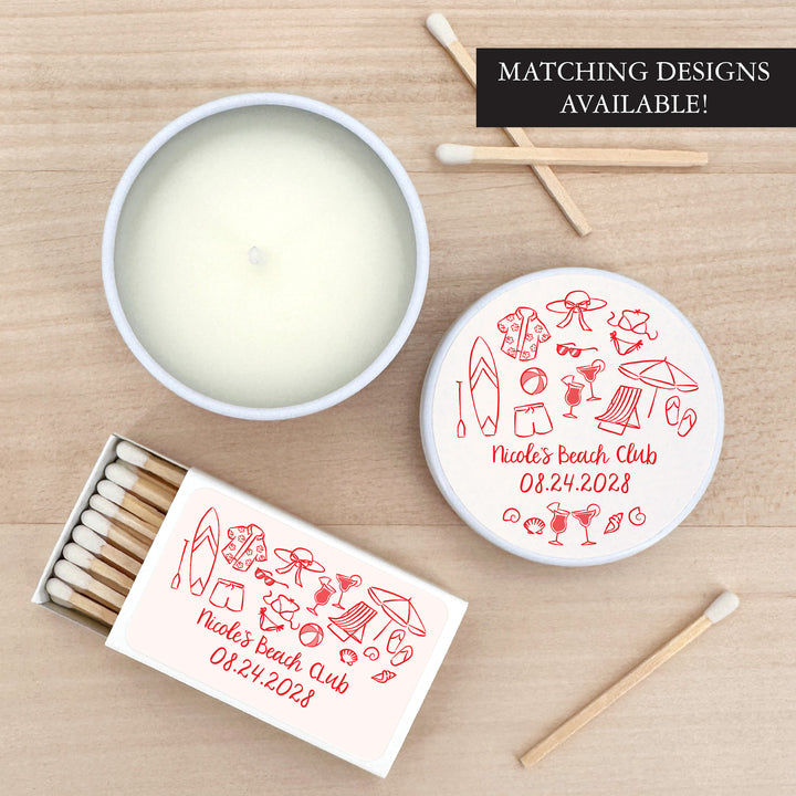 Custom Candle Wedding Favors, Girls Trip, Hand Drawn Beach Bachelorette, 2oz Mini Lavender Candles