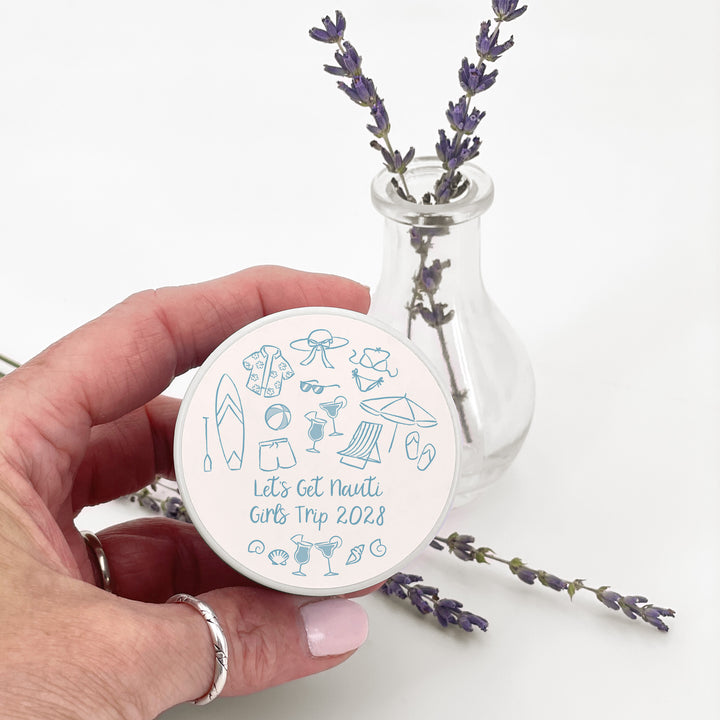 Custom Candle Wedding Favors, Girls Trip, Hand Drawn Beach Bachelorette, 2oz Mini Lavender Candles