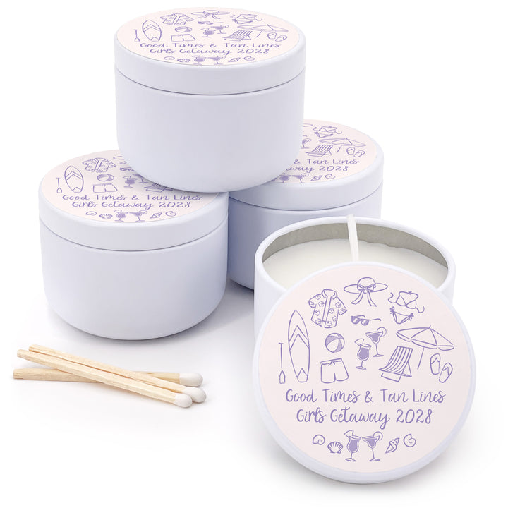 Custom Candle Wedding Favors, Girls Trip, Hand Drawn Beach Bachelorette, 2oz Mini Lavender Candles