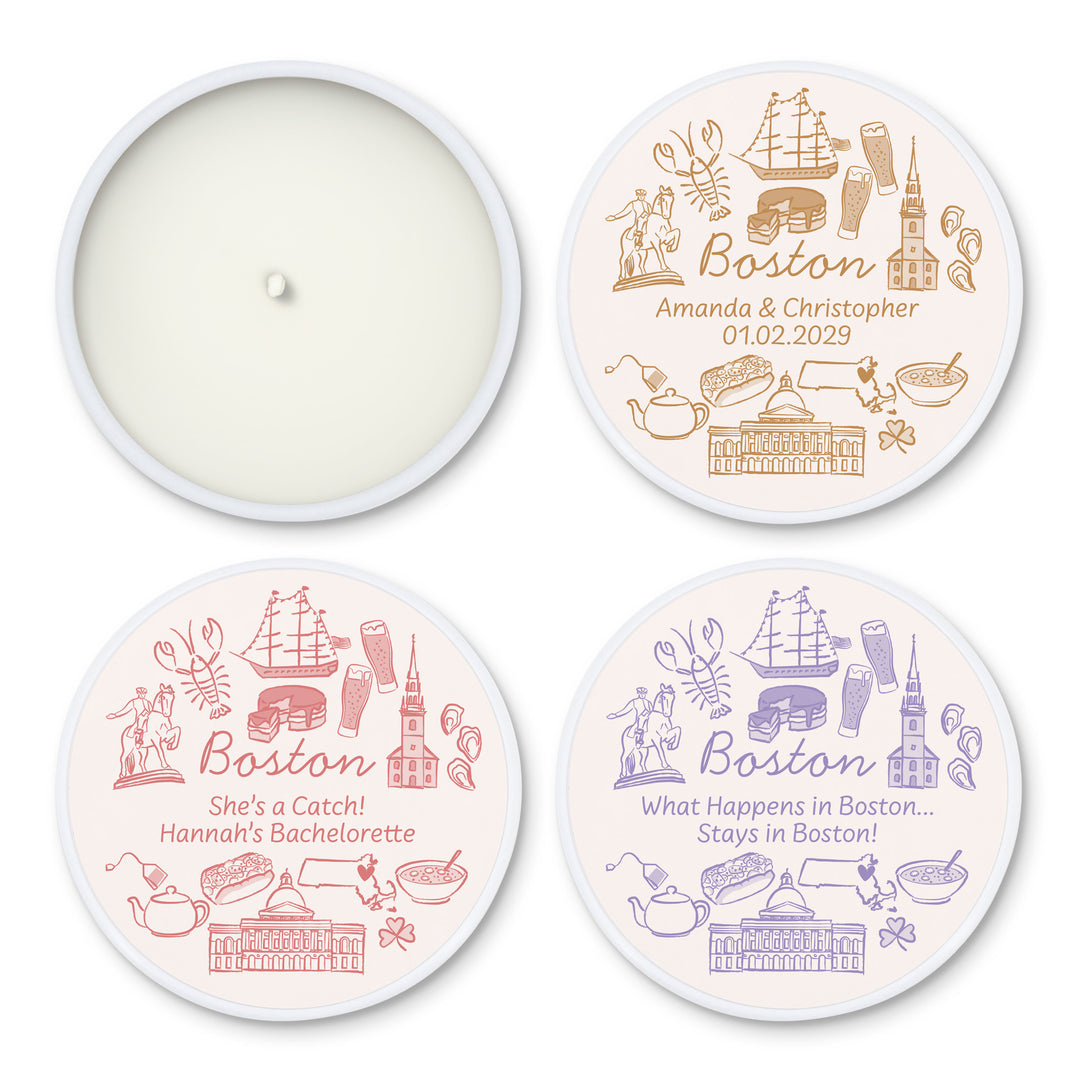 Custom Candle Wedding Favors, Girls Trip, Hand Drawn Boston Bachelorette, 2oz Mini Lavender Candles