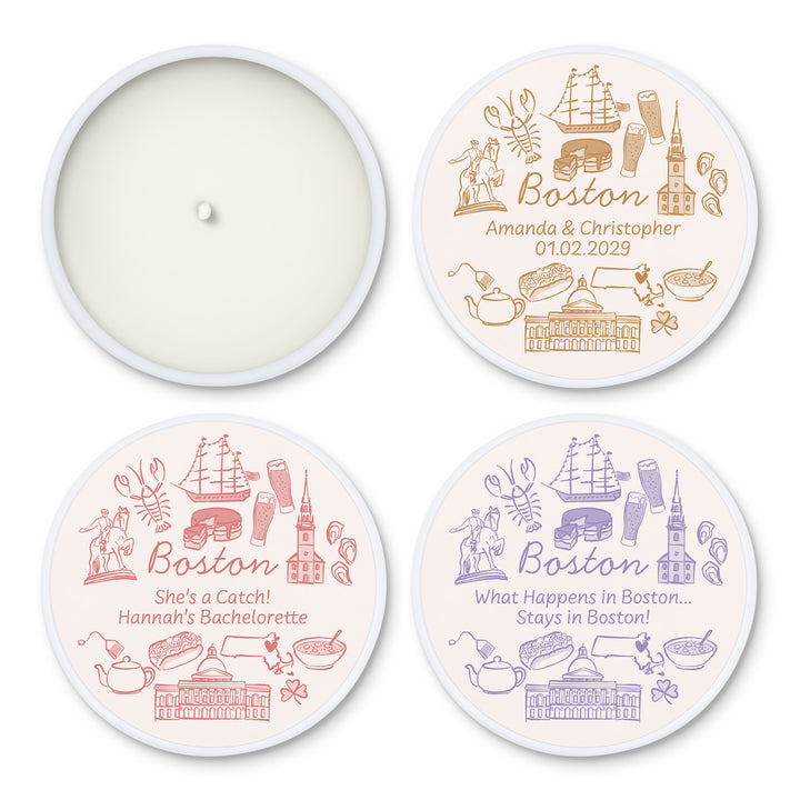 Custom Candle Wedding Favors, Girls Trip, Hand Drawn Boston Bachelorette, 2oz Mini Lavender Candles