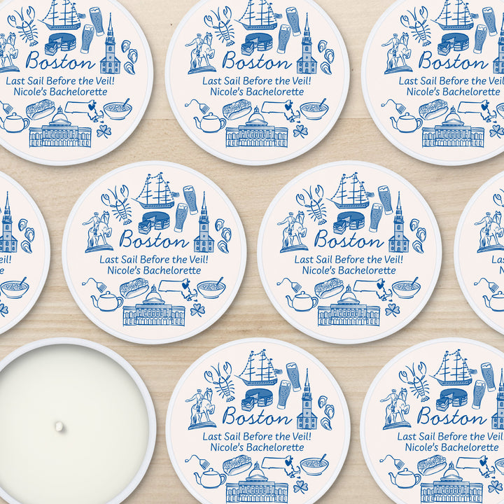 Custom Candle Wedding Favors, Girls Trip, Hand Drawn Boston Bachelorette, 2oz Mini Lavender Candles