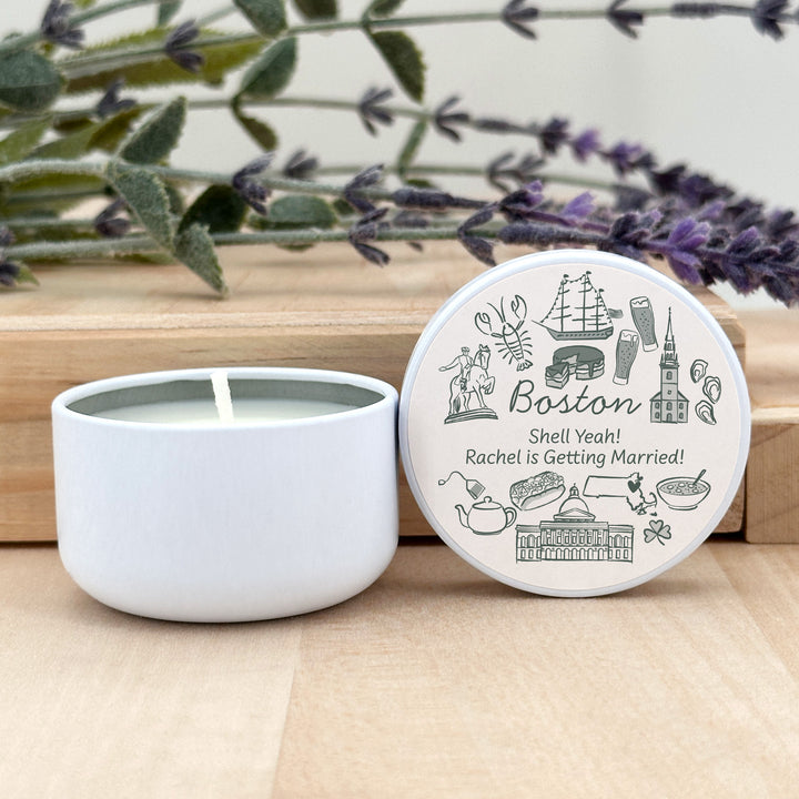 Custom Candle Wedding Favors, Girls Trip, Hand Drawn Boston Bachelorette, 2oz Mini Lavender Candles