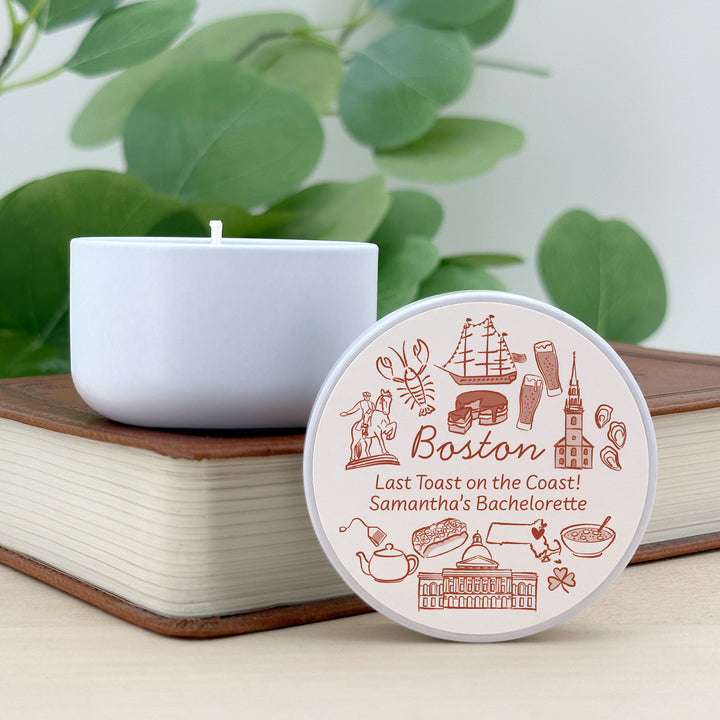 Custom Candle Wedding Favors, Girls Trip, Hand Drawn Boston Bachelorette, 2oz Mini Lavender Candles