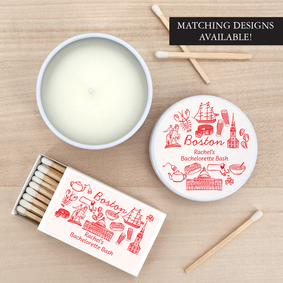 Custom Candle Wedding Favors, Girls Trip, Hand Drawn Boston Bachelorette, 2oz Mini Lavender Candles