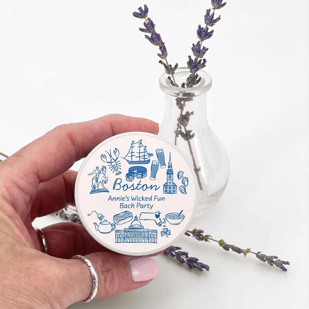 Custom Candle Wedding Favors, Girls Trip, Hand Drawn Boston Bachelorette, 2oz Mini Lavender Candles