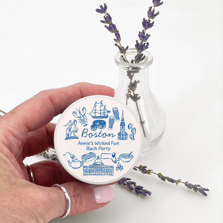 Custom Candle Wedding Favors, Girls Trip, Hand Drawn Boston Bachelorette, 2oz Mini Lavender Candles