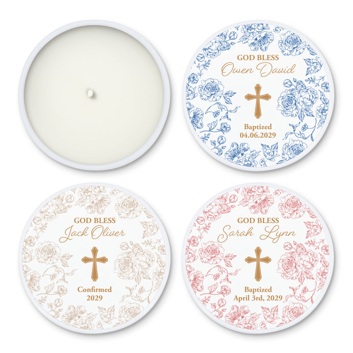 Baptism Candle Favors, First Holy Communion Favors, Chinoiserie Toile Floral Baptism Candles, 2oz Mini Lavender Candles