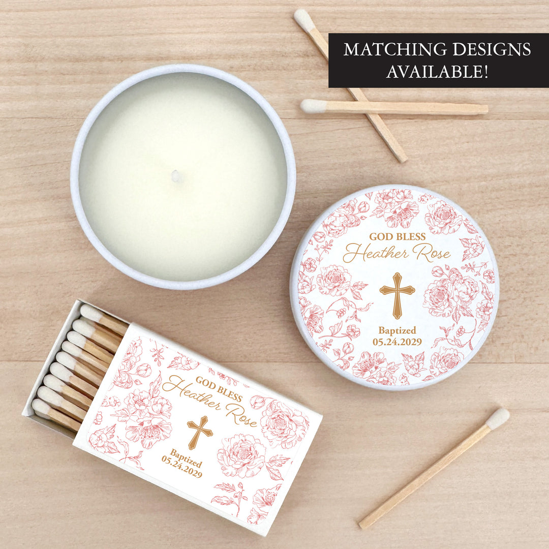 Baptism Candle Favors, First Holy Communion Favors, Chinoiserie Toile Floral Baptism Candles, 2oz Mini Lavender Candles