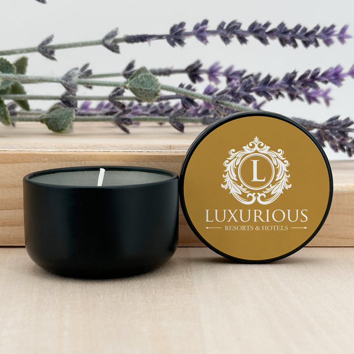 Bulk Candles, Promotional Product, Bulk with Your Logo, Customized, 2oz Mini Lavender Black Candles