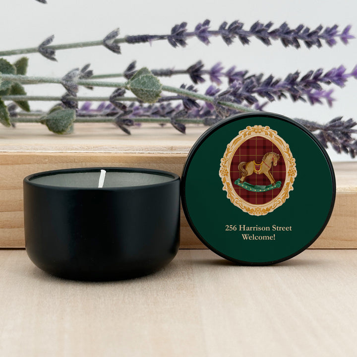 Christmas Party Favors, Custom Holiday Candle Favors, Gold Frame 2oz Mini Lavender Candles