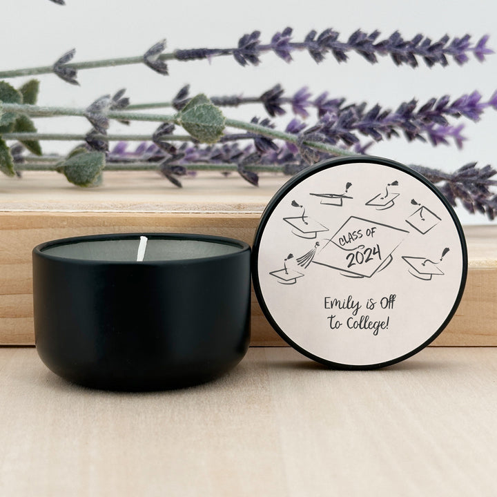 Unique Graduation Favors, Personalized Candles, Grad Party Favors, Hand Drawn Cap Mortarboard Sketch, 2oz Mini Lavender Candles