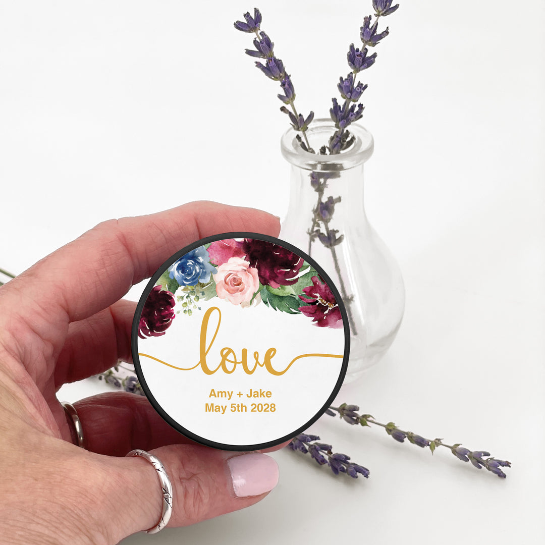 Unique Wedding Favors, Personalized Candles, Burgundy Floral, 2oz Mini Lavender Candles