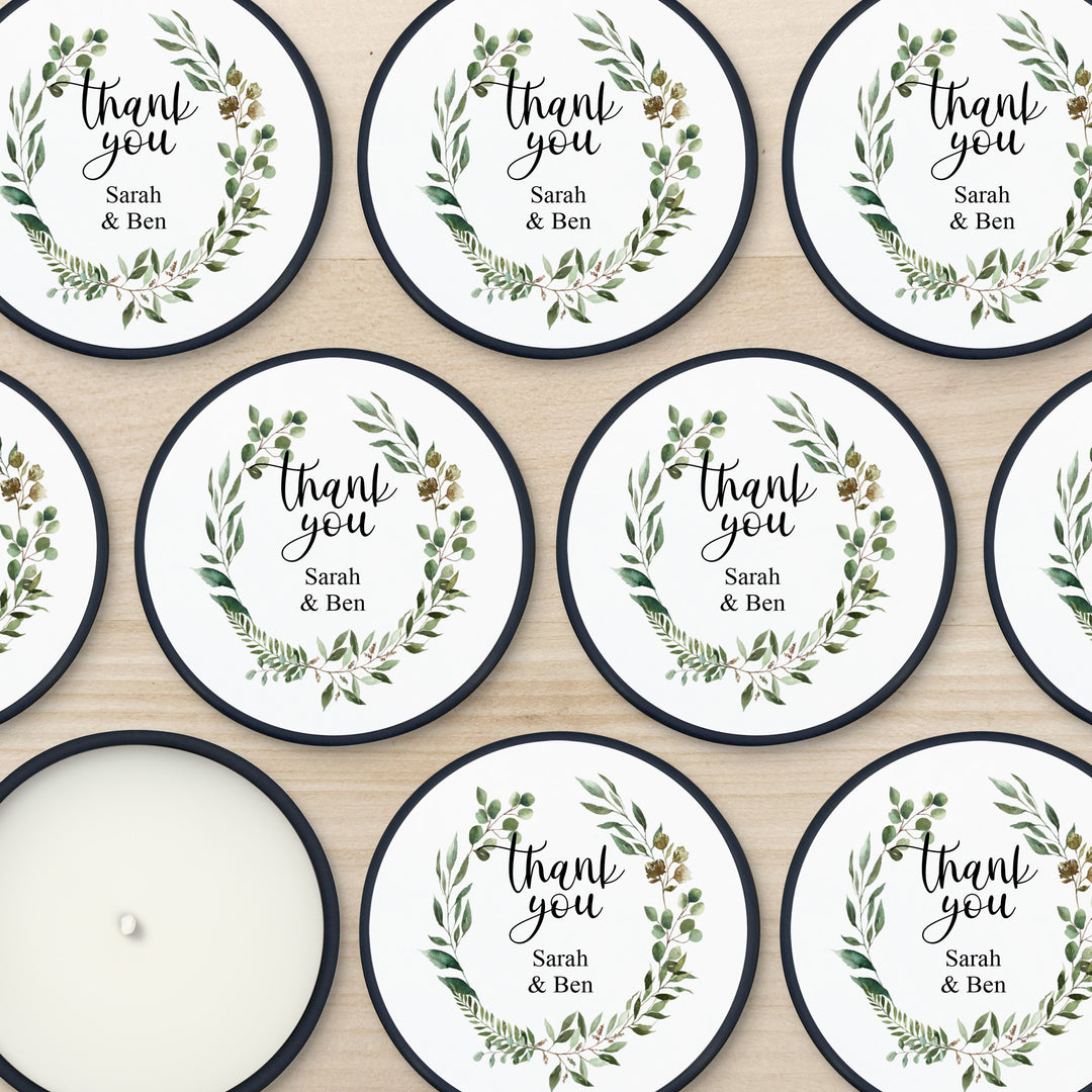 Unique Wedding Favors, Personalized Candles, Custom Candles, Greenery Wreath, 2oz Mini Lavender Candles