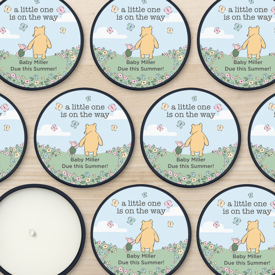 Personalized Candles, Baby Shower Candle Favors, Winnie the Pooh and Piglet Blue Skies, 2oz Mini Lavender Candles