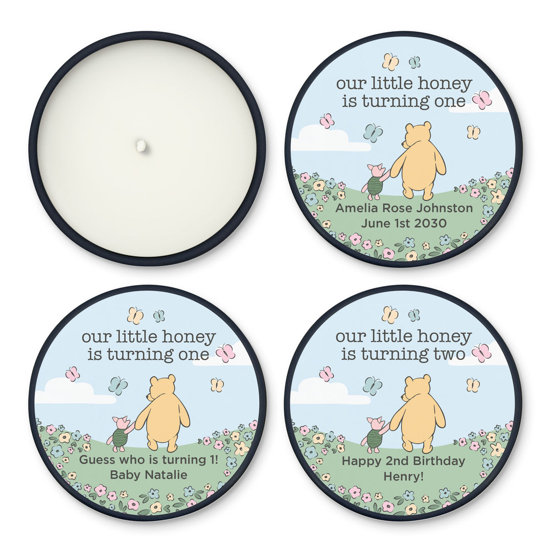 Winnie the Pooh and Piglet Blue Skies Birthday, Our Little Honey is Turning One, 2oz Mini Lavender Candles